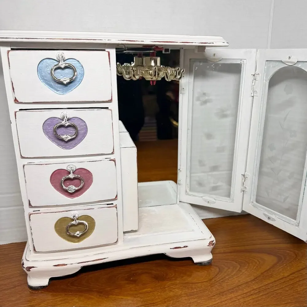 White Wooden Jewelry Box with Hearts Hooks & Drawers Unique